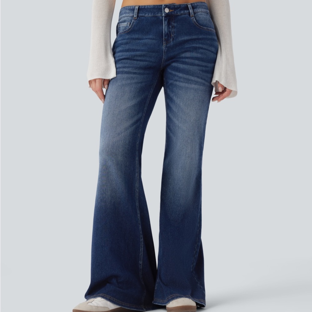 Halara Flex Low Rise Flare Washed Casual Jeans Stylish Flared Blue Jeans